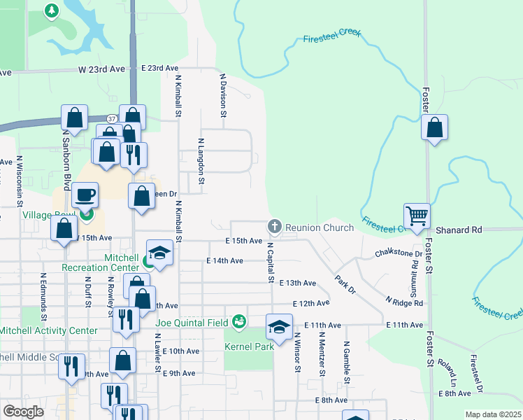 map of restaurants, bars, coffee shops, grocery stores, and more near 608 East 16th Avenue in Mitchell