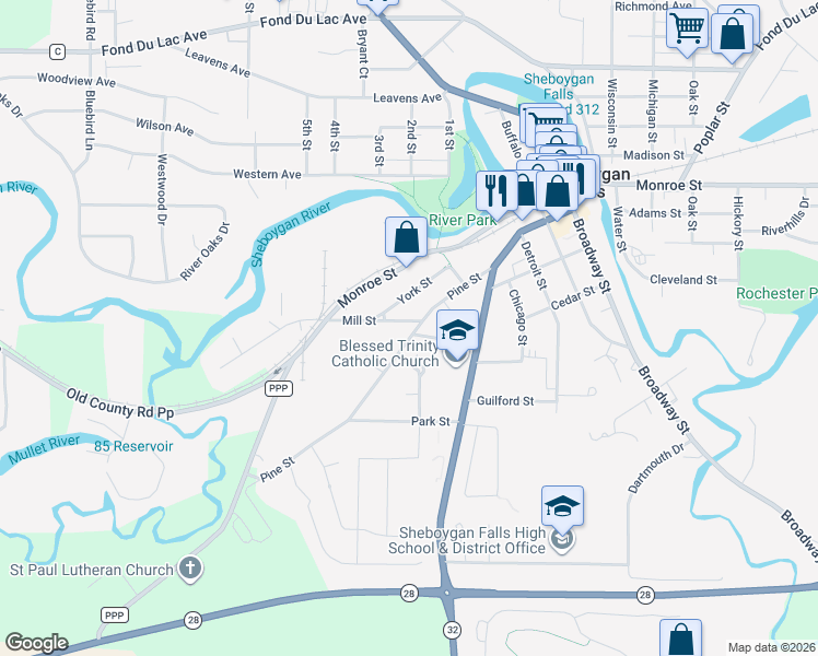 map of restaurants, bars, coffee shops, grocery stores, and more near 109 Mill Street in Sheboygan Falls
