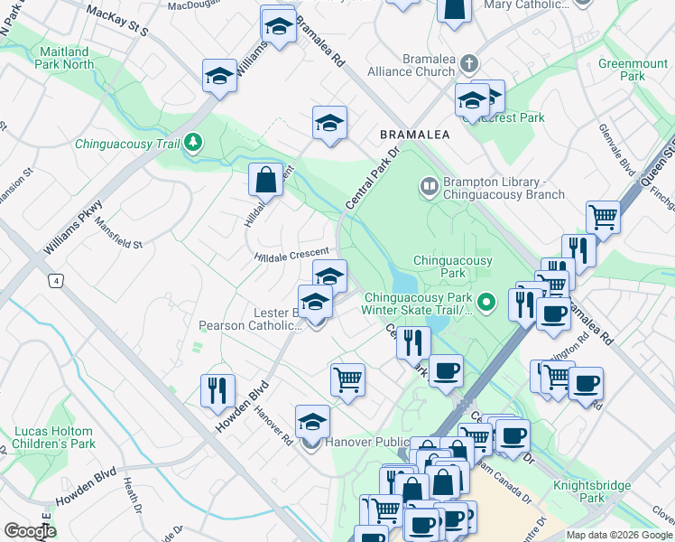 map of restaurants, bars, coffee shops, grocery stores, and more near 16 Haley Court in Brampton