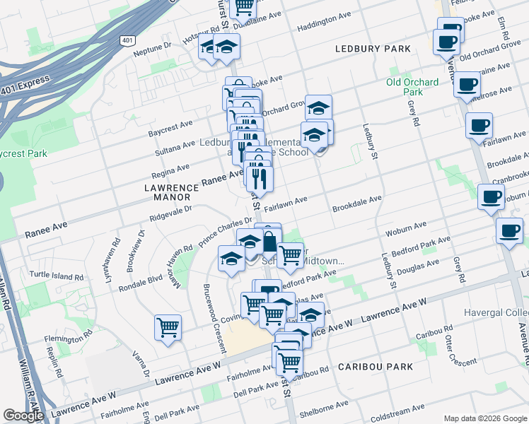 map of restaurants, bars, coffee shops, grocery stores, and more near 3311 Bathurst Street in Toronto