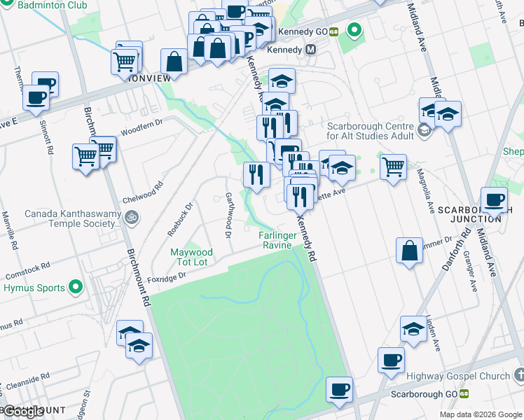 map of restaurants, bars, coffee shops, grocery stores, and more near 22 Hopecrest Crescent in Toronto