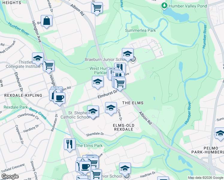 map of restaurants, bars, coffee shops, grocery stores, and more near 6 Elmhurst Drive in Toronto
