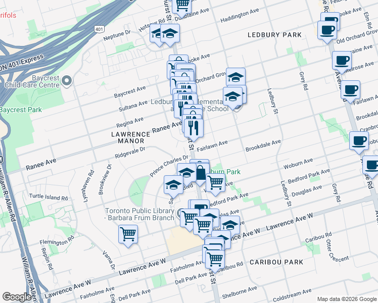 map of restaurants, bars, coffee shops, grocery stores, and more near in Toronto