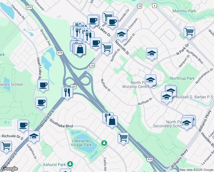 map of restaurants, bars, coffee shops, grocery stores, and more near 56 Novella Place in Brampton