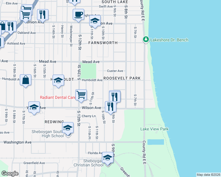 map of restaurants, bars, coffee shops, grocery stores, and more near 2730 South 9th Street in Sheboygan