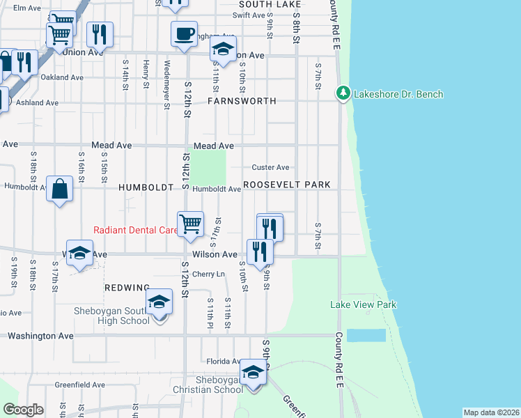 map of restaurants, bars, coffee shops, grocery stores, and more near 2730 S 9th St in Sheboygan