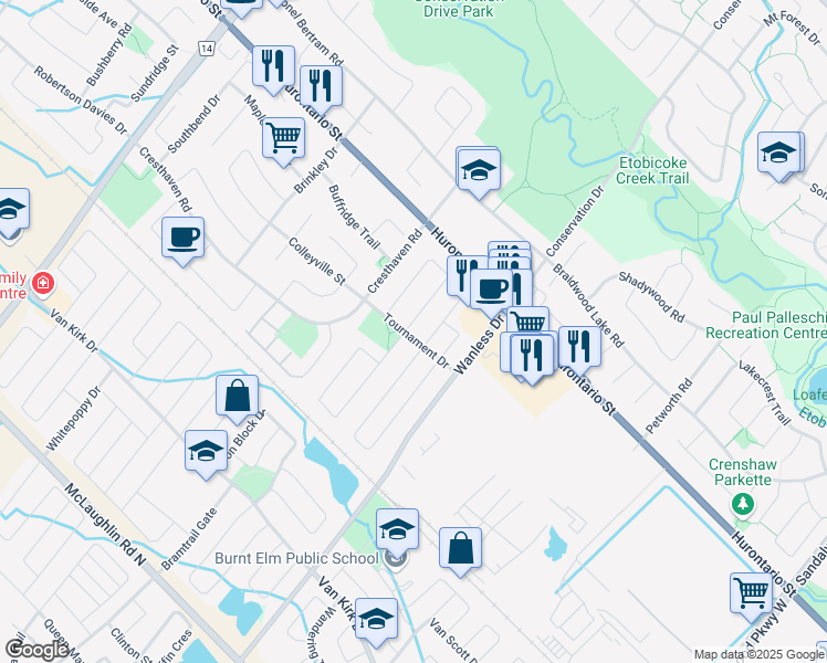 map of restaurants, bars, coffee shops, grocery stores, and more near 9 Tournament Drive in Brampton