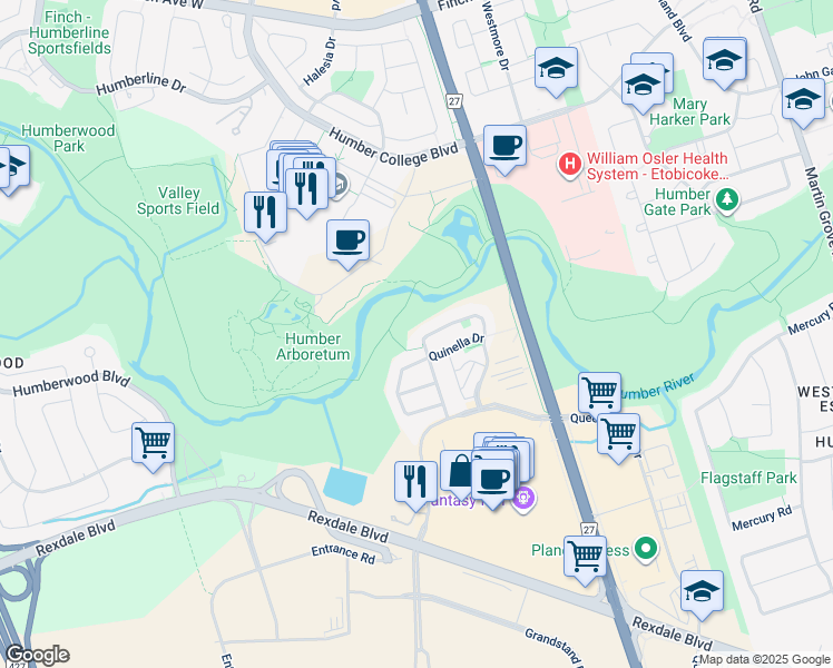 map of restaurants, bars, coffee shops, grocery stores, and more near in Toronto