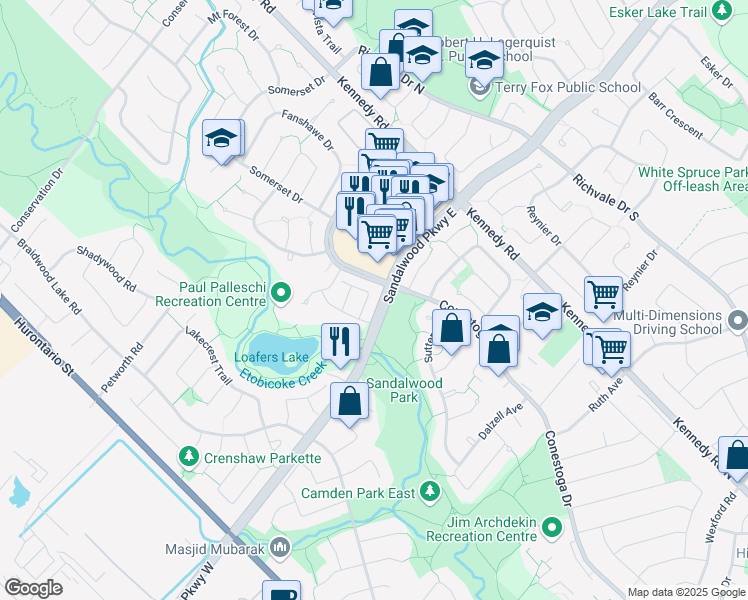 map of restaurants, bars, coffee shops, grocery stores, and more near in Brampton