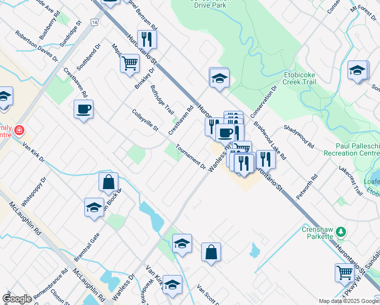 map of restaurants, bars, coffee shops, grocery stores, and more near 9 Tournament Drive in Brampton