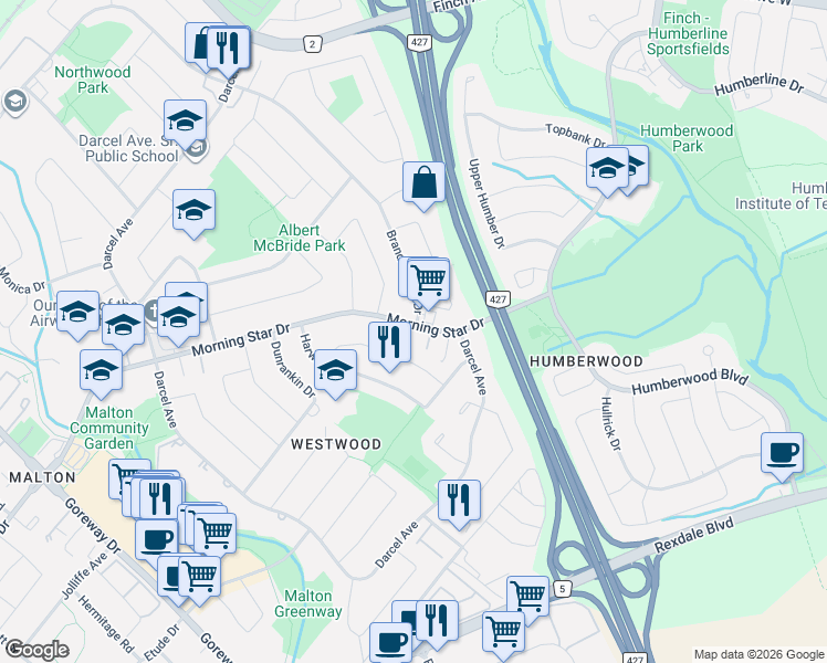 map of restaurants, bars, coffee shops, grocery stores, and more near 3860 Morning Star Drive in Mississauga