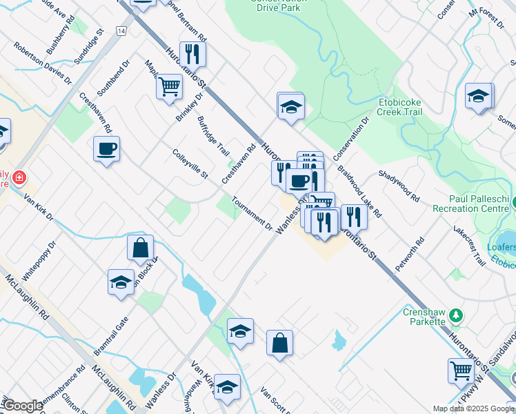 map of restaurants, bars, coffee shops, grocery stores, and more near 10 Bentgrass Lane in Brampton