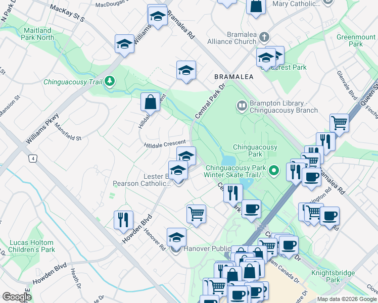 map of restaurants, bars, coffee shops, grocery stores, and more near 16 Haley Court in Brampton