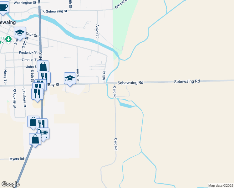 map of restaurants, bars, coffee shops, grocery stores, and more near 3531 Caro Road in Sebewaing