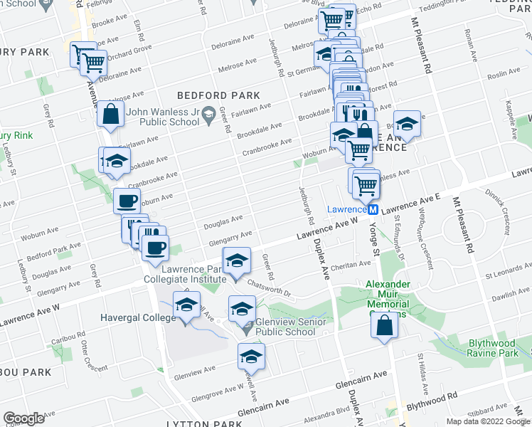 map of restaurants, bars, coffee shops, grocery stores, and more near 79 Douglas Avenue in Toronto