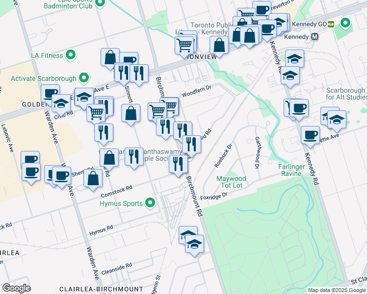 map of restaurants, bars, coffee shops, grocery stores, and more near 3 Chelwood Road in Toronto