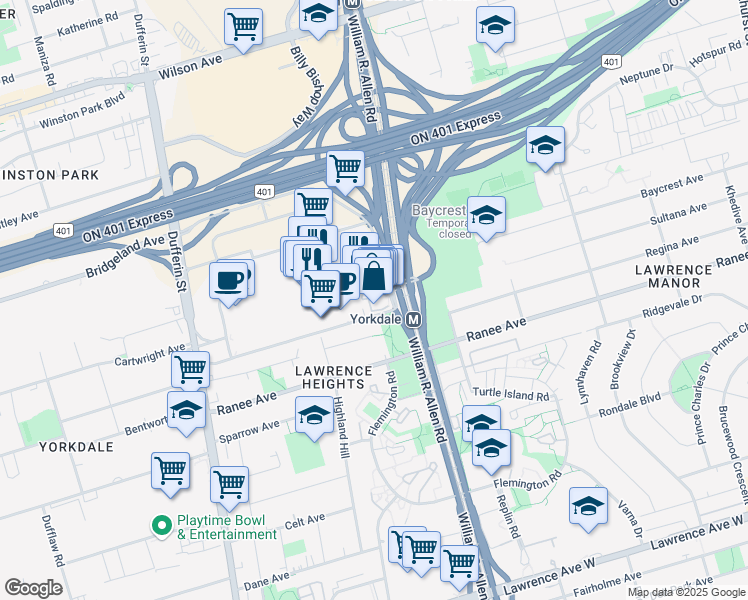 map of restaurants, bars, coffee shops, grocery stores, and more near 1 Yorkdale Road in Toronto