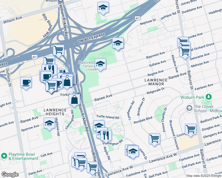 map of restaurants, bars, coffee shops, grocery stores, and more near 145 Regina Avenue in Toronto