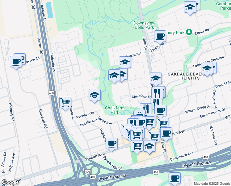 map of restaurants, bars, coffee shops, grocery stores, and more near 35 Heavitree Drive in Toronto