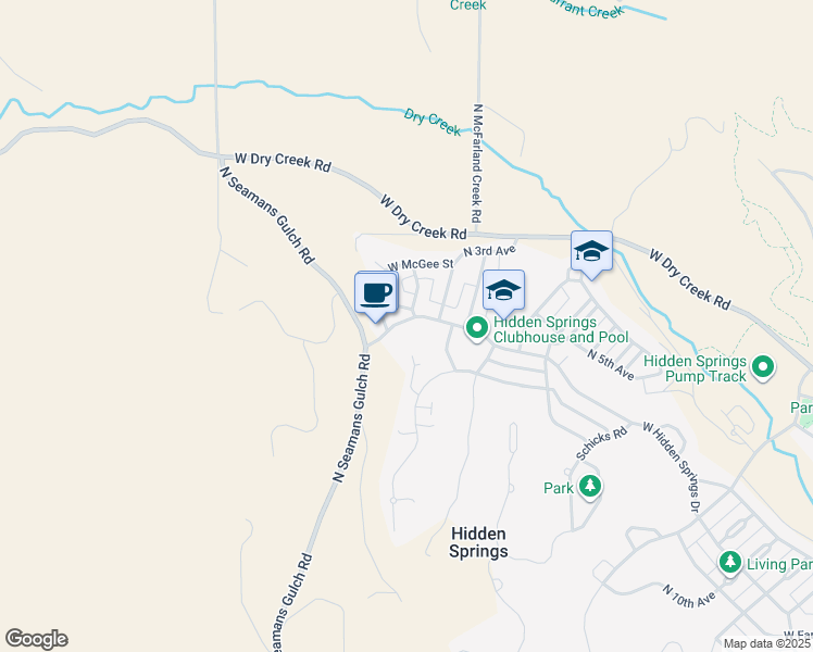 map of restaurants, bars, coffee shops, grocery stores, and more near 5771 West Hidden Springs Drive in Boise