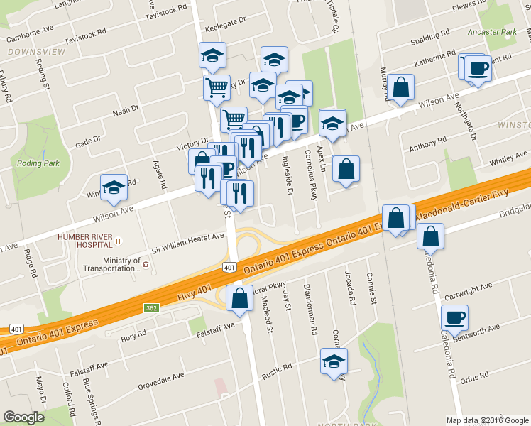 map of restaurants, bars, coffee shops, grocery stores, and more near in Toronto