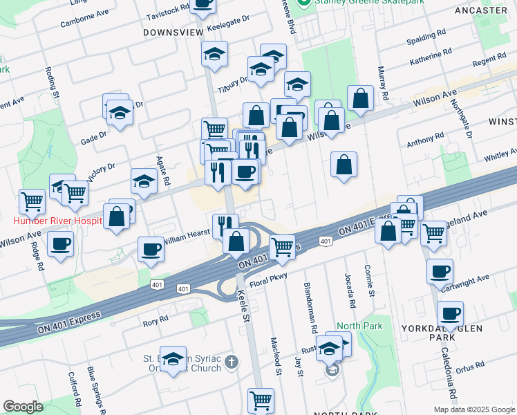 map of restaurants, bars, coffee shops, grocery stores, and more near 85 George Appleton Way in Toronto