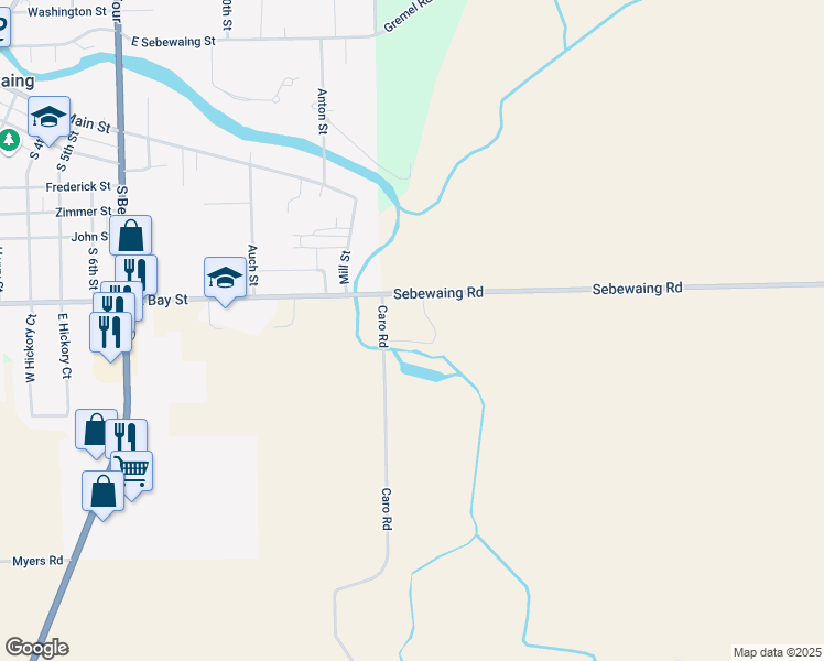 map of restaurants, bars, coffee shops, grocery stores, and more near 3531 Caro Road in Sebewaing