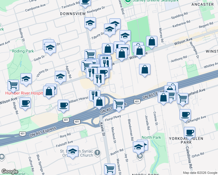map of restaurants, bars, coffee shops, grocery stores, and more near 95 George Appleton Way in Toronto