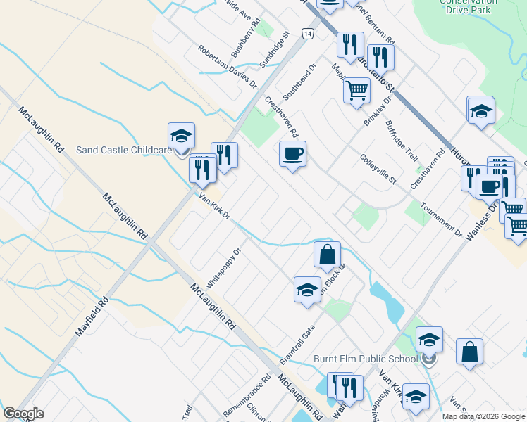 map of restaurants, bars, coffee shops, grocery stores, and more near 40 Iceland Poppy Trail in Brampton