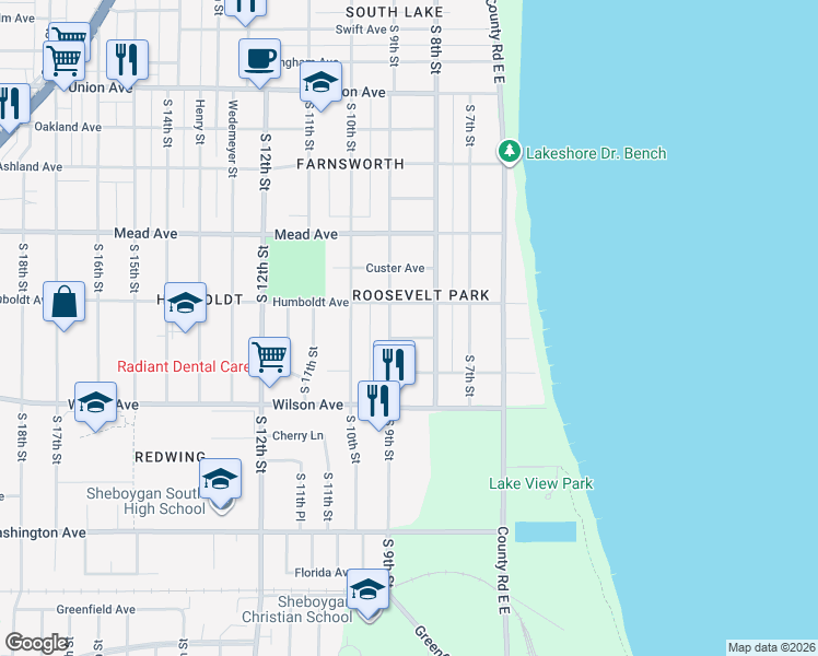 map of restaurants, bars, coffee shops, grocery stores, and more near 824 Jackson Ave in Sheboygan