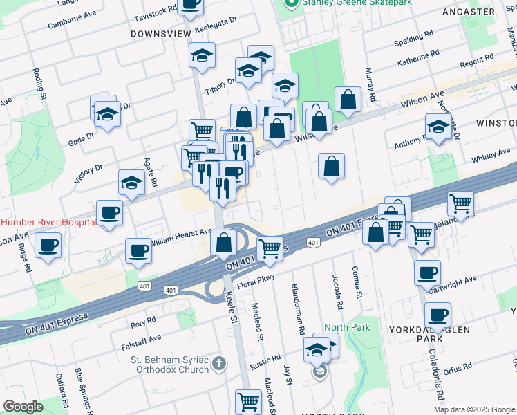 map of restaurants, bars, coffee shops, grocery stores, and more near 85 George Appleton Way in Toronto
