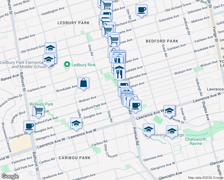 map of restaurants, bars, coffee shops, grocery stores, and more near 458 Woburn Avenue in Toronto