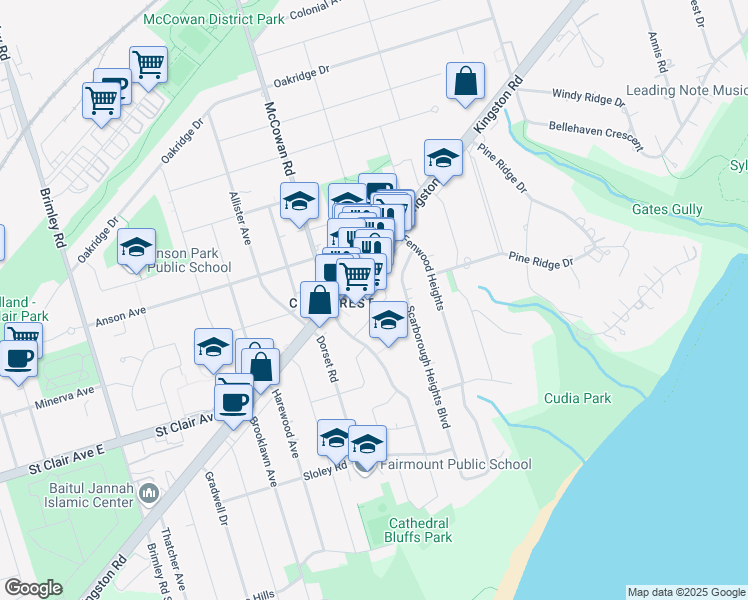 map of restaurants, bars, coffee shops, grocery stores, and more near 2999 Kingston Road in Toronto