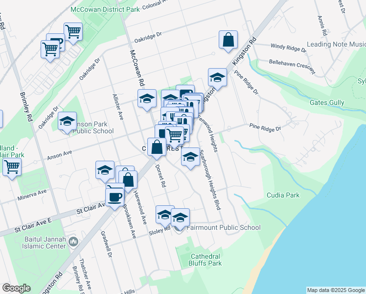map of restaurants, bars, coffee shops, grocery stores, and more near 2999 Kingston Road in Toronto