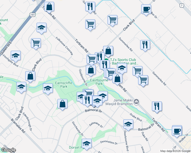 map of restaurants, bars, coffee shops, grocery stores, and more near 120 Ellerslie Road in Brampton