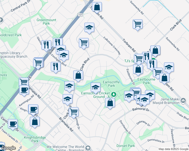 map of restaurants, bars, coffee shops, grocery stores, and more near in Brampton