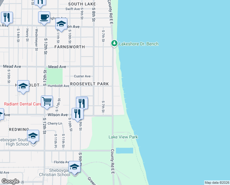 map of restaurants, bars, coffee shops, grocery stores, and more near 538 Polk Court in Sheboygan