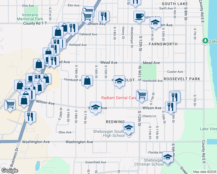 map of restaurants, bars, coffee shops, grocery stores, and more near 2801 South 15th Street in Sheboygan