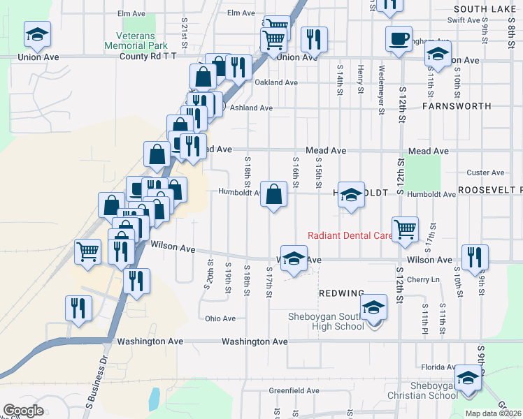 map of restaurants, bars, coffee shops, grocery stores, and more near 2735 South 18th Street in Sheboygan