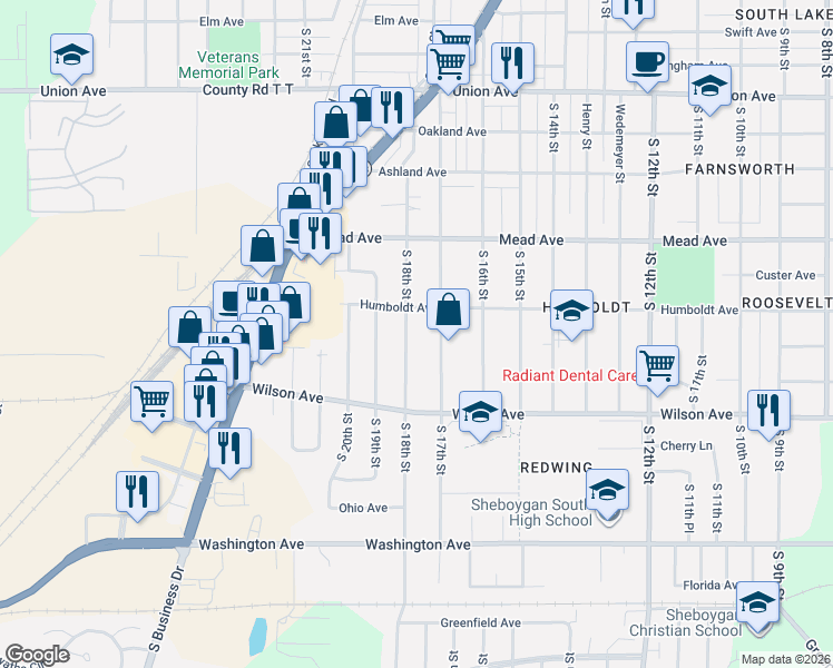 map of restaurants, bars, coffee shops, grocery stores, and more near 2735 South 18th Street in Sheboygan