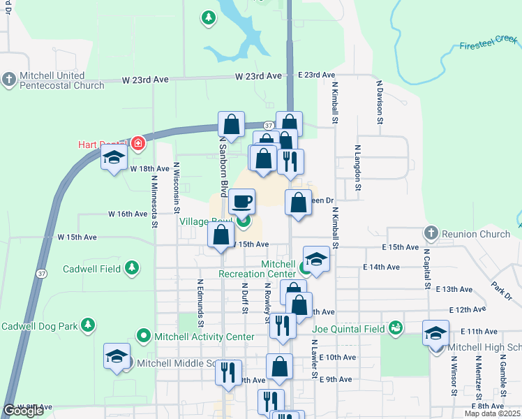 map of restaurants, bars, coffee shops, grocery stores, and more near 206 West 15th Avenue in Mitchell