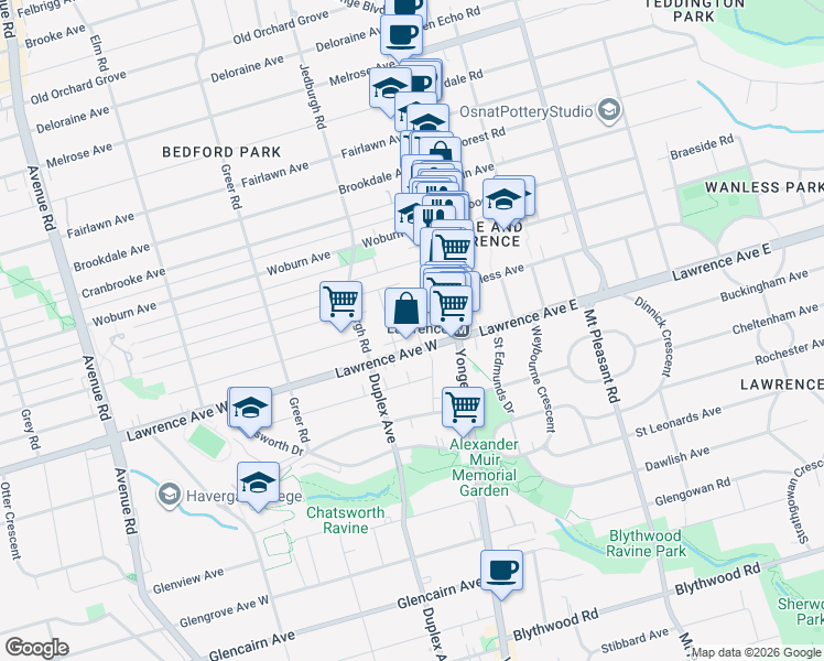 map of restaurants, bars, coffee shops, grocery stores, and more near 22 Lorindale Avenue in Toronto