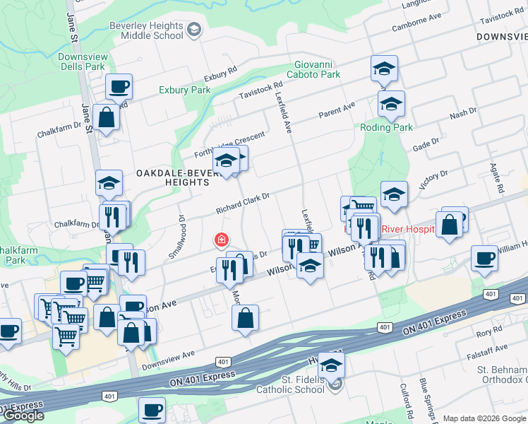 map of restaurants, bars, coffee shops, grocery stores, and more near 23 Chappel Hill Road in Toronto