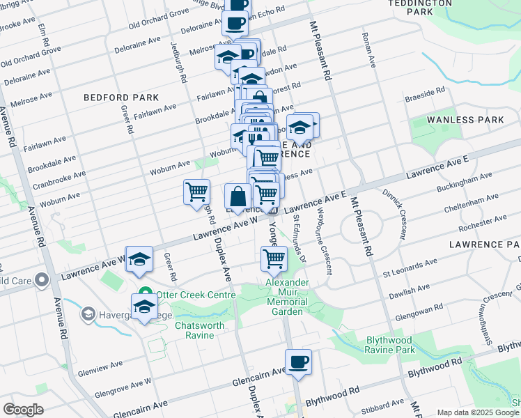 map of restaurants, bars, coffee shops, grocery stores, and more near 3080 Yonge Street in Toronto