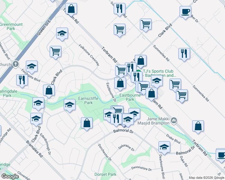 map of restaurants, bars, coffee shops, grocery stores, and more near 155 Enderby Crescent in Brampton