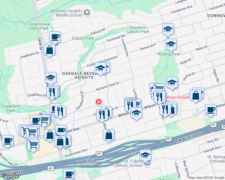 map of restaurants, bars, coffee shops, grocery stores, and more near in Toronto