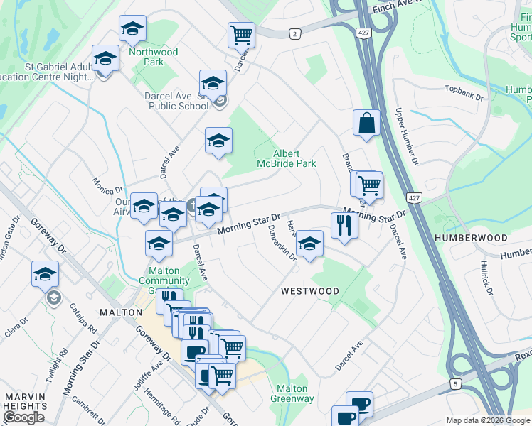 map of restaurants, bars, coffee shops, grocery stores, and more near 3700 Morning Star Drive in Mississauga