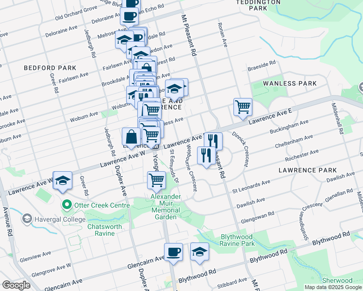 map of restaurants, bars, coffee shops, grocery stores, and more near 49 Lawrence Avenue East in Toronto