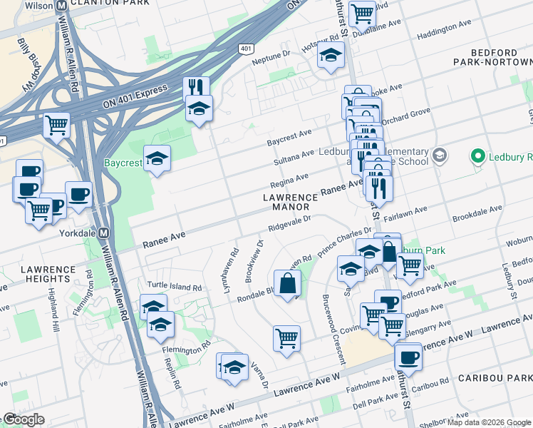 map of restaurants, bars, coffee shops, grocery stores, and more near in Toronto