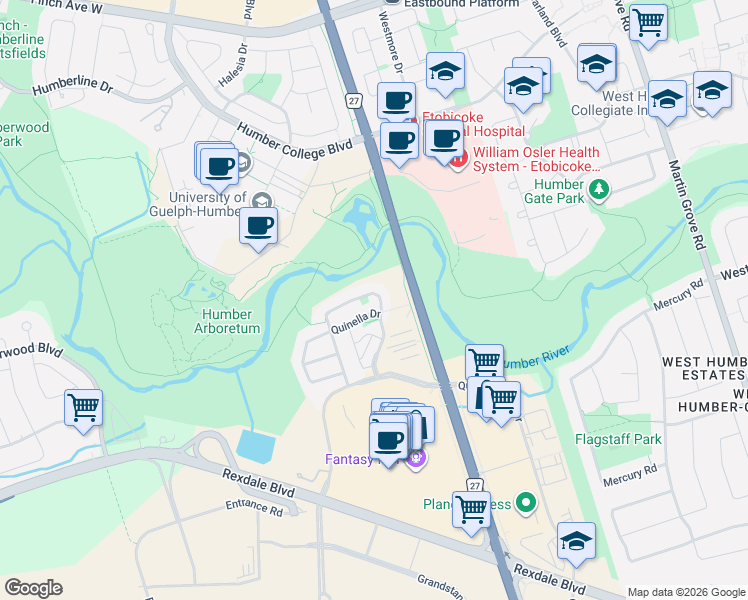 map of restaurants, bars, coffee shops, grocery stores, and more near in Toronto